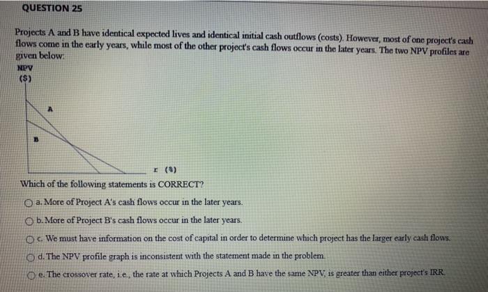  QUESTION 25 Projects A and B have identical expected lives and