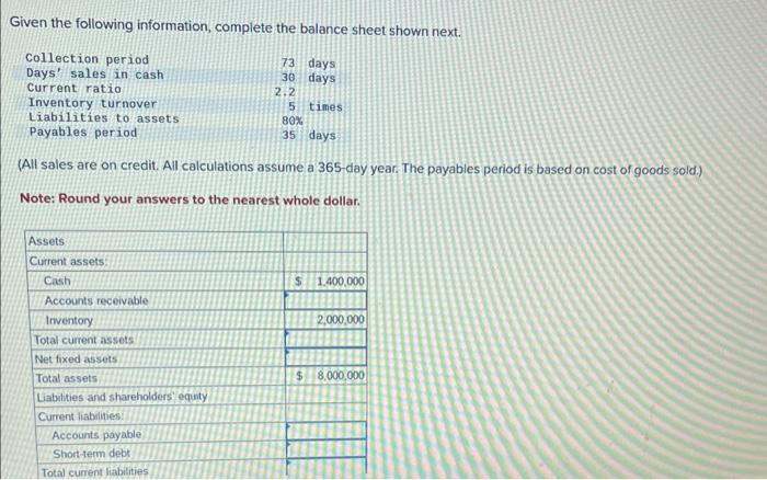  Given the following information, complete the balance sheet shown next. (All