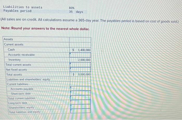 sales are on credit. All calculations assume a 365-day year. The payables