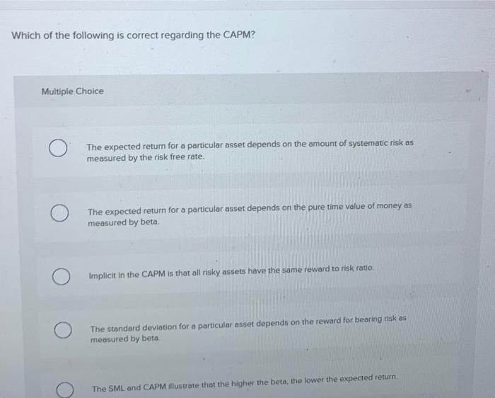  Which of the following is correct regarding the CAPM? Multiple Choice