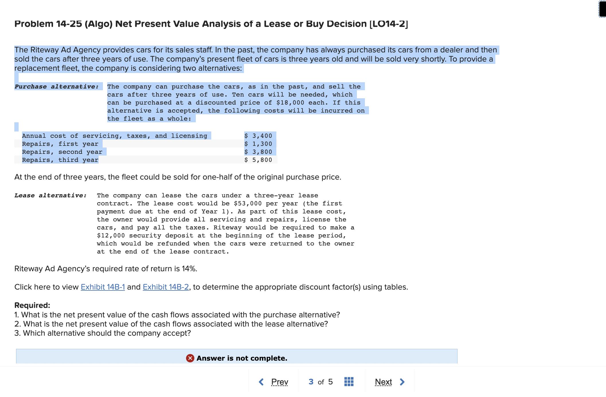  Problem 14-25 (Algo) Net Present Value Analysis of a Lease or