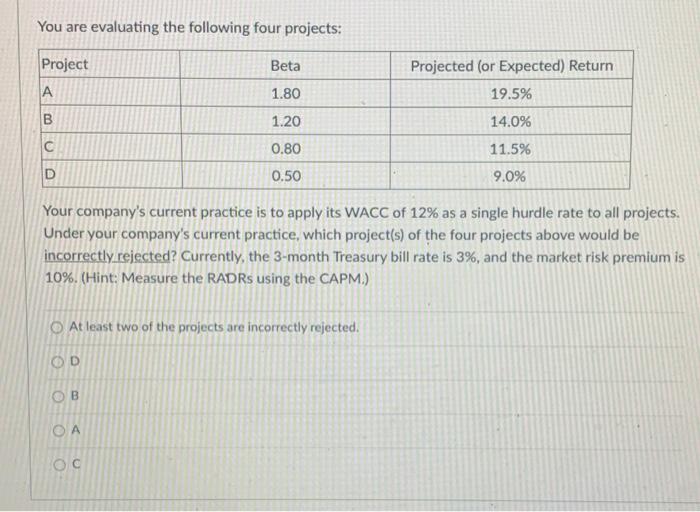  You are evaluating the following four projects: Project Beta Projected (or