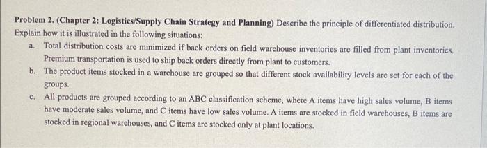  Problem 2. (Chapter 2: Logistics/Supply Chain Strategy and Planning) Describe the