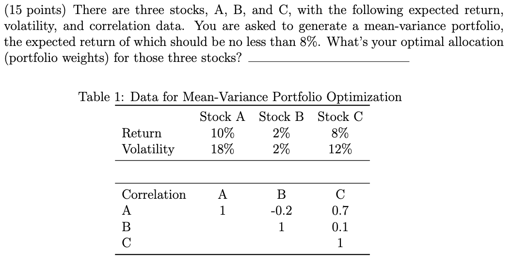 (15 points) There are three stocks, A, B, and C, with