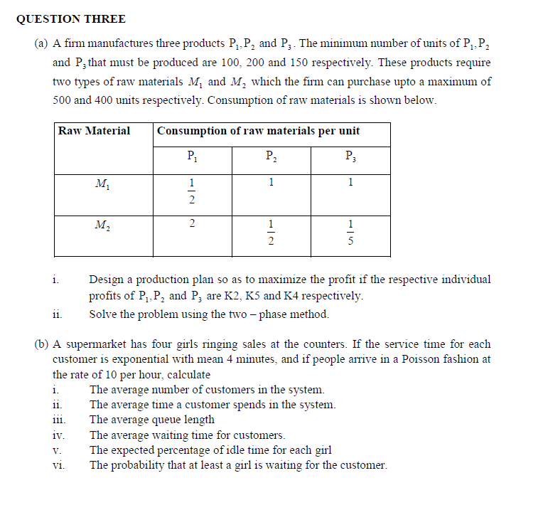  QUESTION THREE (a) A firm manufactures three products P1, P, and