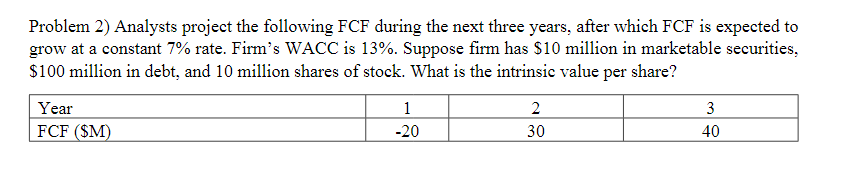  Problem 2) Analysts project the following FCF during the next three