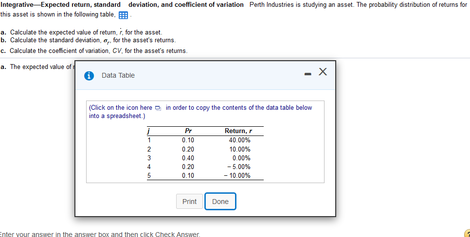 IntegrativeExpected return, standard deviation, and coefficient of variation Perth Industries is