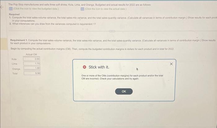 three soft drinks: Kola, Lima, and Oranga, Budgeted and actual results for