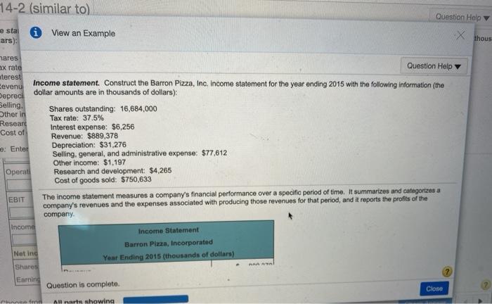 Barron Pizza, Inc. Income statement for the year ending 2015 with the