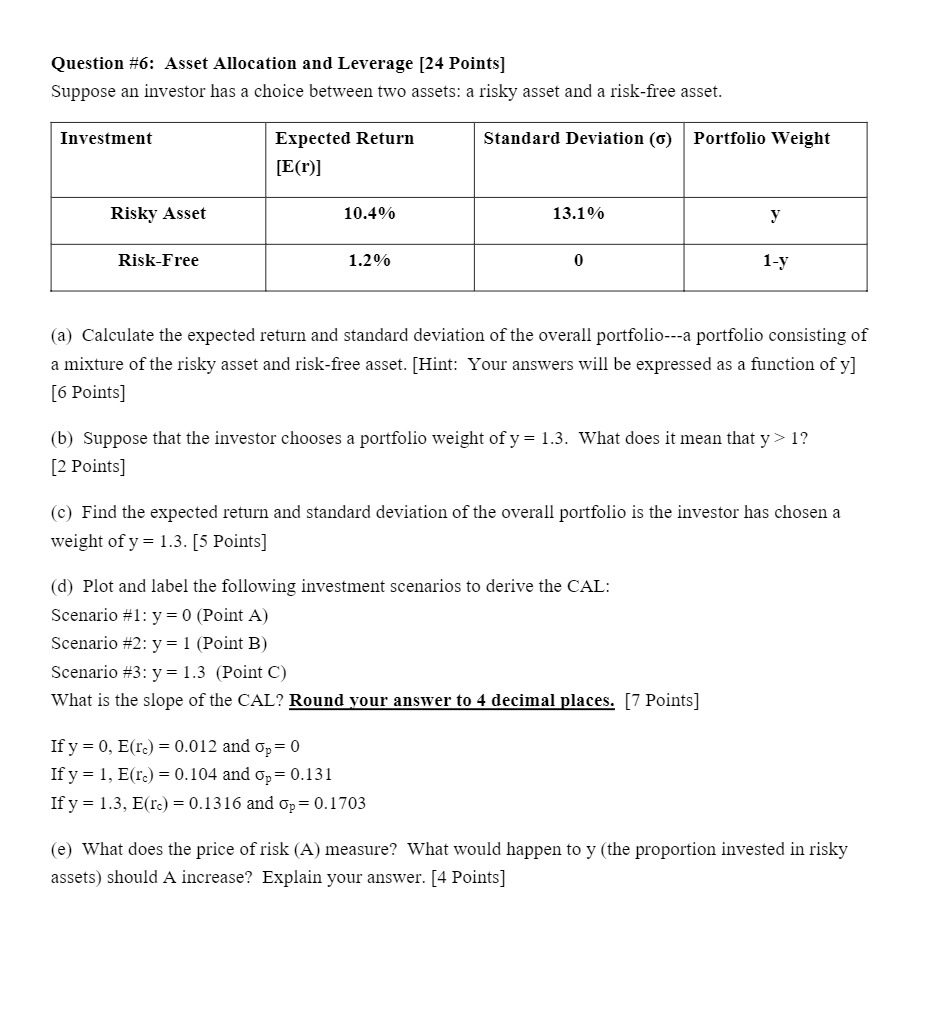  Question #6: Asset Allocation and Leverage (24 Points] Suppose an investor