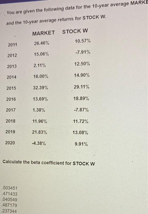  You are given the following data for the 10-year average MARKE