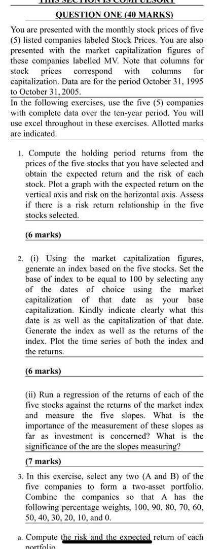 QUESTION ONE (40 MARKS) You are presented with the monthly stock
