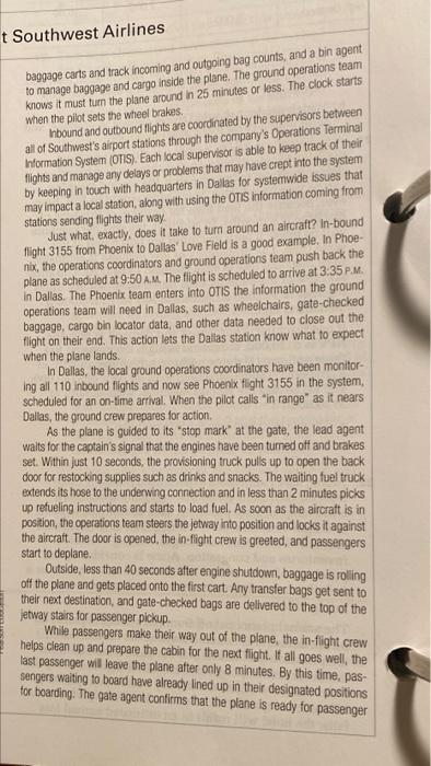 question 2 which fators can adversely impact turnaround times at Southwest Airlines.