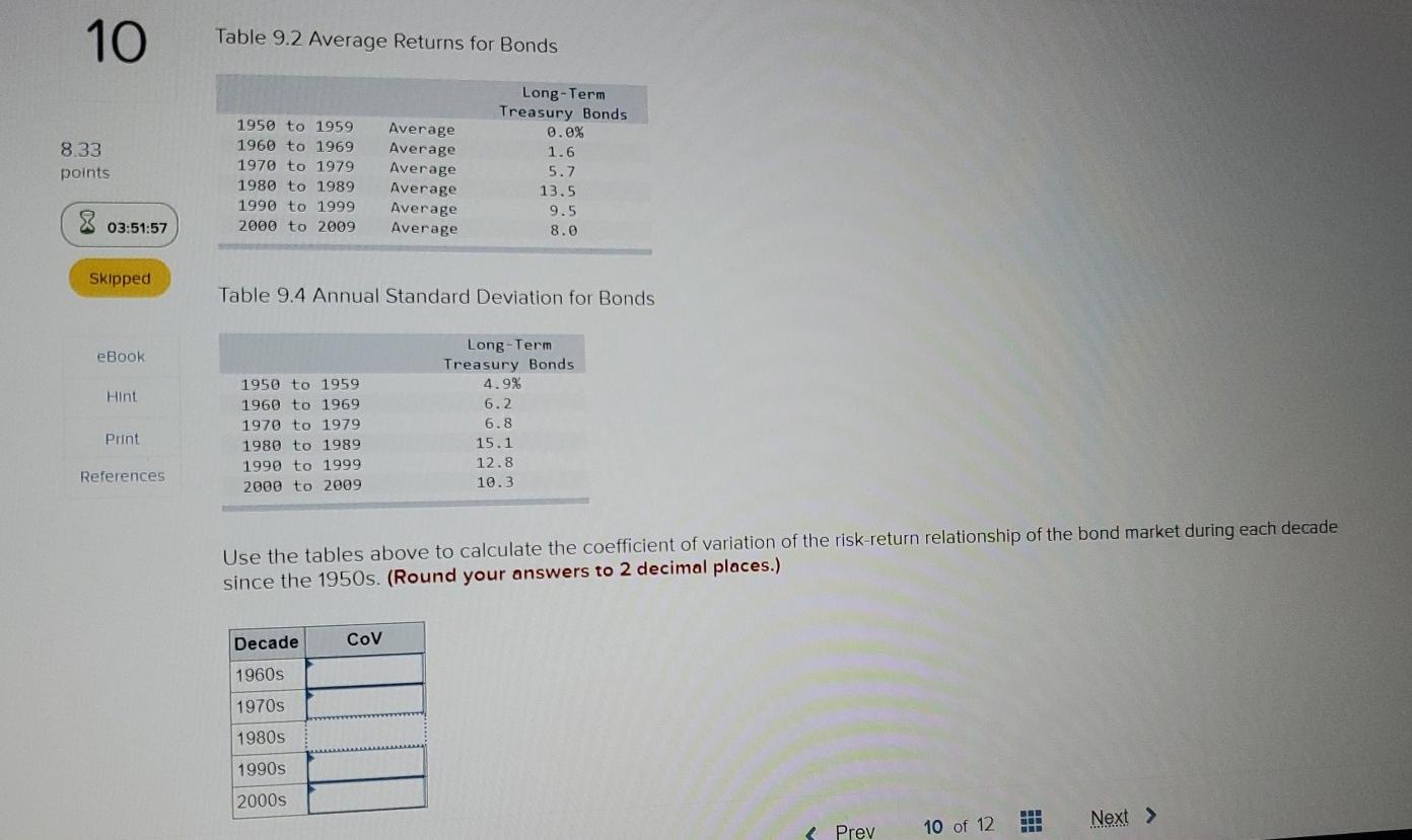 10 Table 9.2 Average Returns for Bonds 8.33 points 1950 to