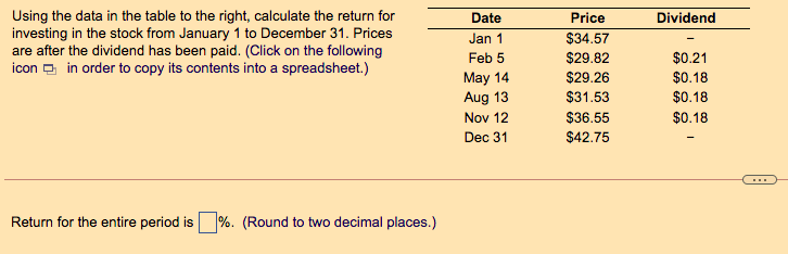 Dividend Using the data in the table to the right, calculate