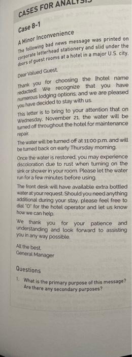 please answer these questions CASES FOR A Case 8-1 A Minor Inconvenience