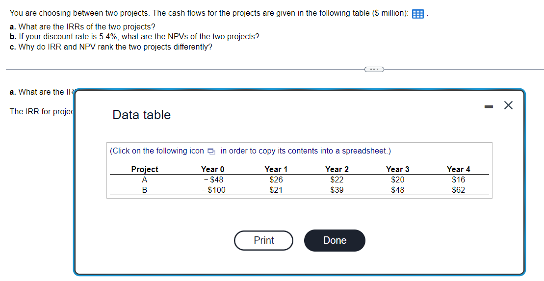Part A,B,and C You are choosing between two projects. The cash flows