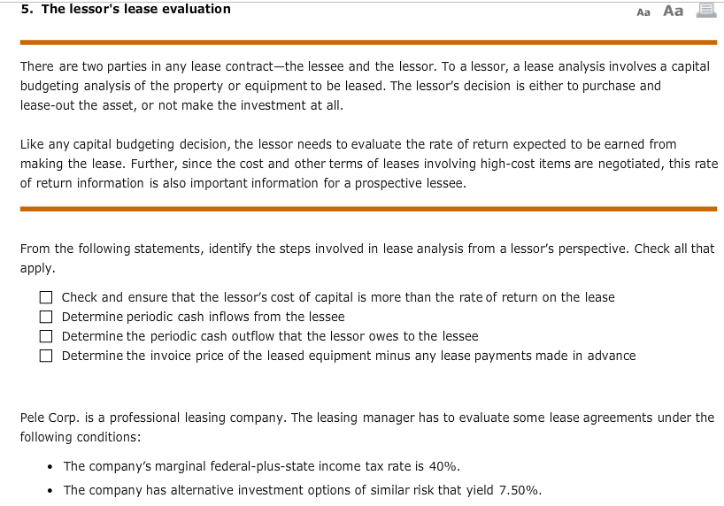  5. The lessor's lease evaluation Aa Aa There are two parties