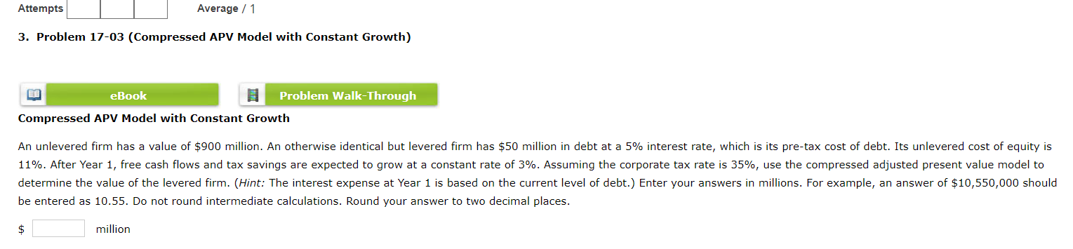 Attempts Average / 1 3. Problem 17-03 (Compressed APV Model with