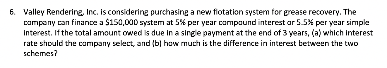 Please answer with the formula sheet 6. Valley Rendering, Inc. is considering