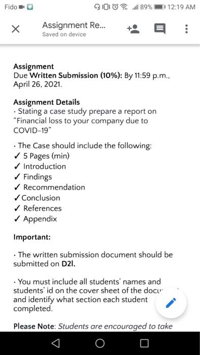  Fido 01089% 1 12:19 AM Assignment Re... Saved on device Assignment