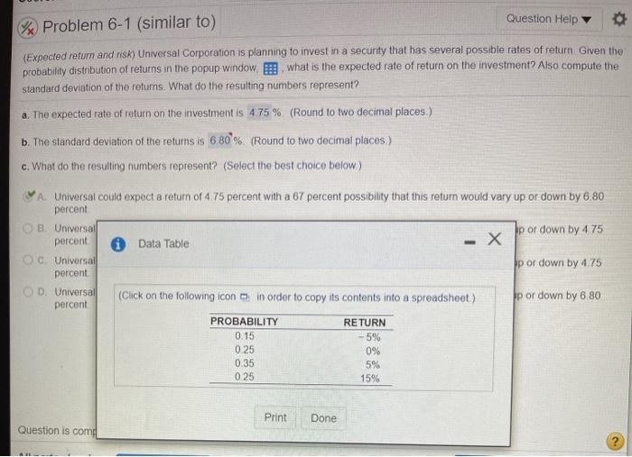  wrong question Question Help Problem 6-1 (similar to) (Expected return and