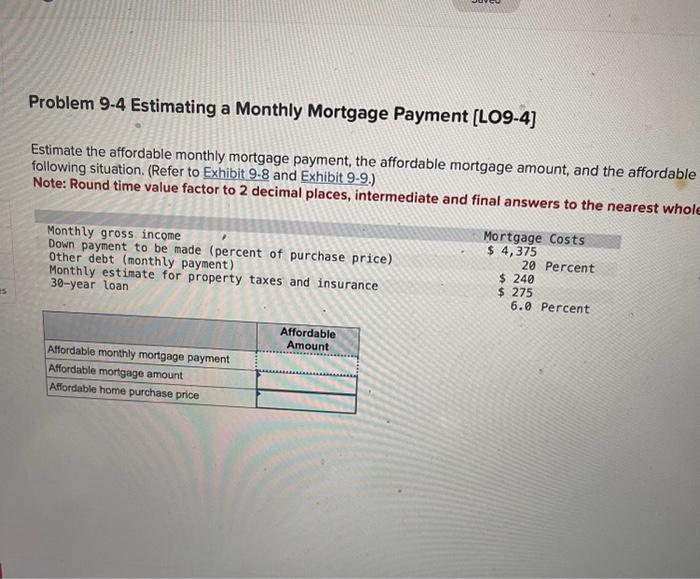  Problem 9-4 Estimating a Monthly Mortgage Payment [LO9-4] Estimate the affordable