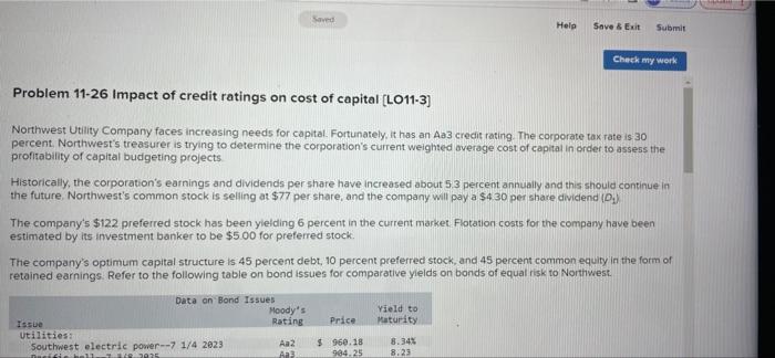  Saved Help Save & Exit Submit Check my work Problem 11-26