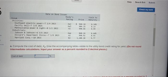 Impact of credit ratings on cost of capital [LO11-3] Northwest Utility Company