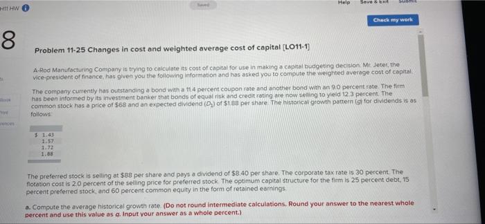 Check my work Problem 11-19 Weighted average cost of capital (LO11-1) Global