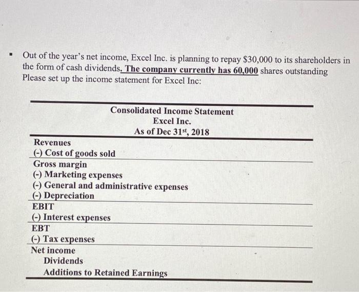 year ended Dec 31st, 2018. . Consolidated Balance sheet Excel inc. As