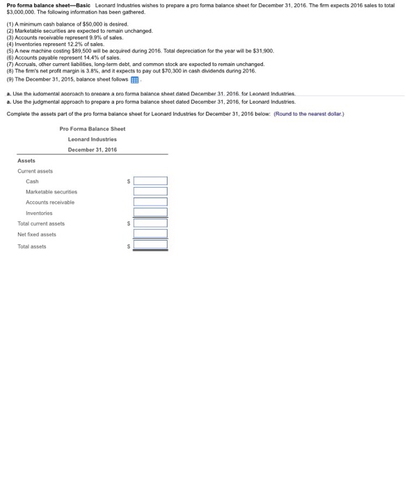  Pro forma balance sheet- Basic Leonard Industries wishes to prepare a