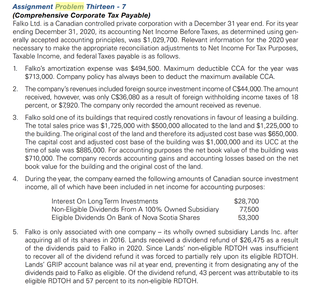 1. Assignment Problem Thirteen - 7 (Comprehensive Corporate Tax Payable) Falko