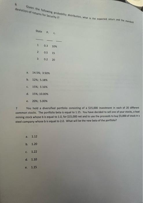  deviation of returns for Security 1? Given the following probability distribution,