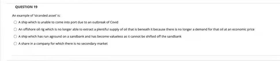  QUESTION 19 An example of 'stranded asset' is: A ship which