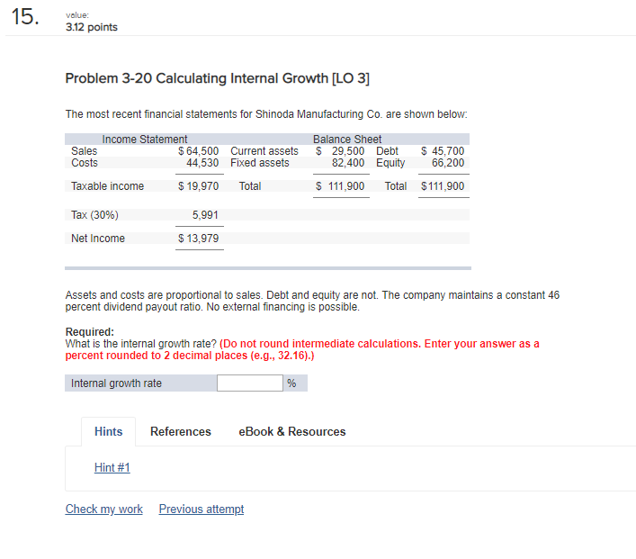  15. value: 3.12 points Problem 3-20 Calculating Internal Growth [LO 3]