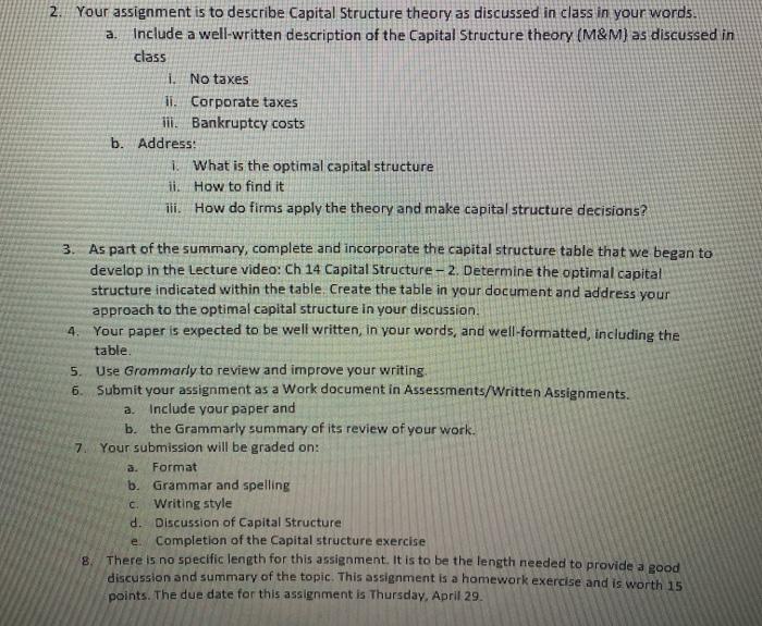  2 Your assignment is to describe Capital Structure theory as discussed