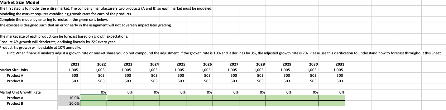 Need explanations for each green cell. formulas would be great Market Size