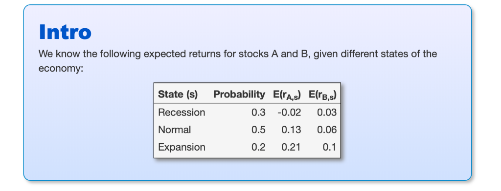  1) What is the expected return for stock A? 2) What