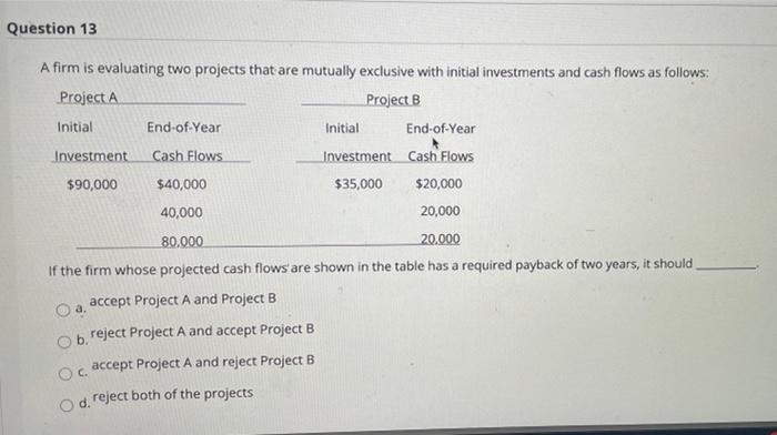  Question 13 A firm is evaluating two projects that are mutually