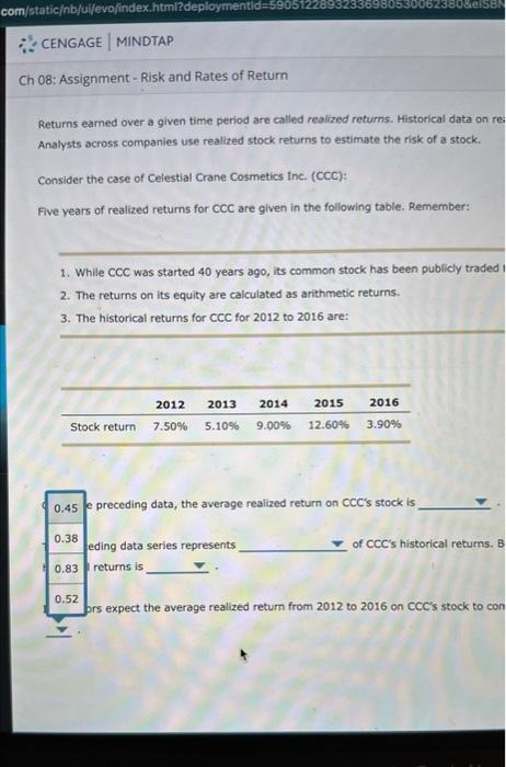years of realized returns for CCC are given in the following table.