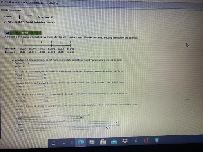  Ch 11: Hamework EOC Capital Budgeting (Basic) Back to Assignment Attempt