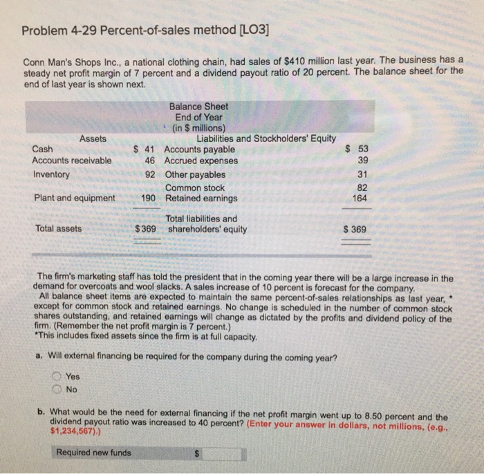 Problem 4-29 Percent-of-sales method [LO3] Conn Man's Shops Inc., a national