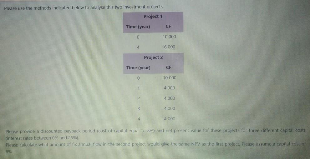  Please use the methods indicated below to analyse this two investment