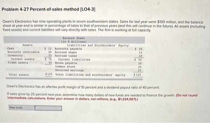  Problem 4-27 Percent-of-sales method [LO4-3] Owen's Electronics has nine operating plants