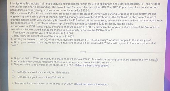  Info Systems Technology (IST) manufactures microprocessor chips for use in appliances