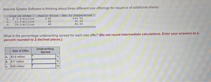 question 8 Assume Sybase Software is thinking about three different size offerings