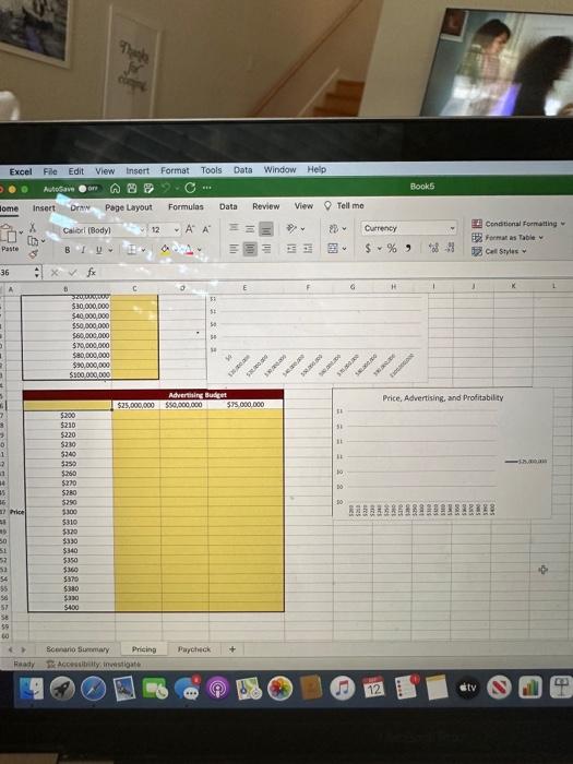 in range C36:E36 as the values for Advertising Budget. c. Reference the