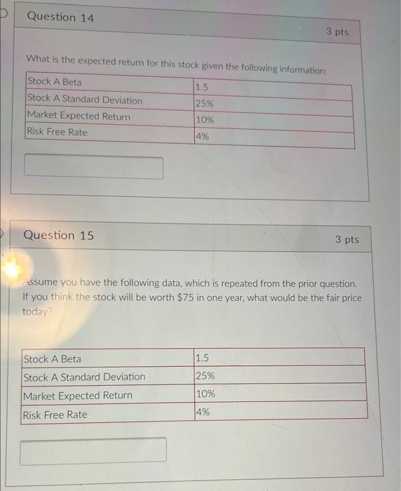  D Question 14 3 pts What is the expected return for