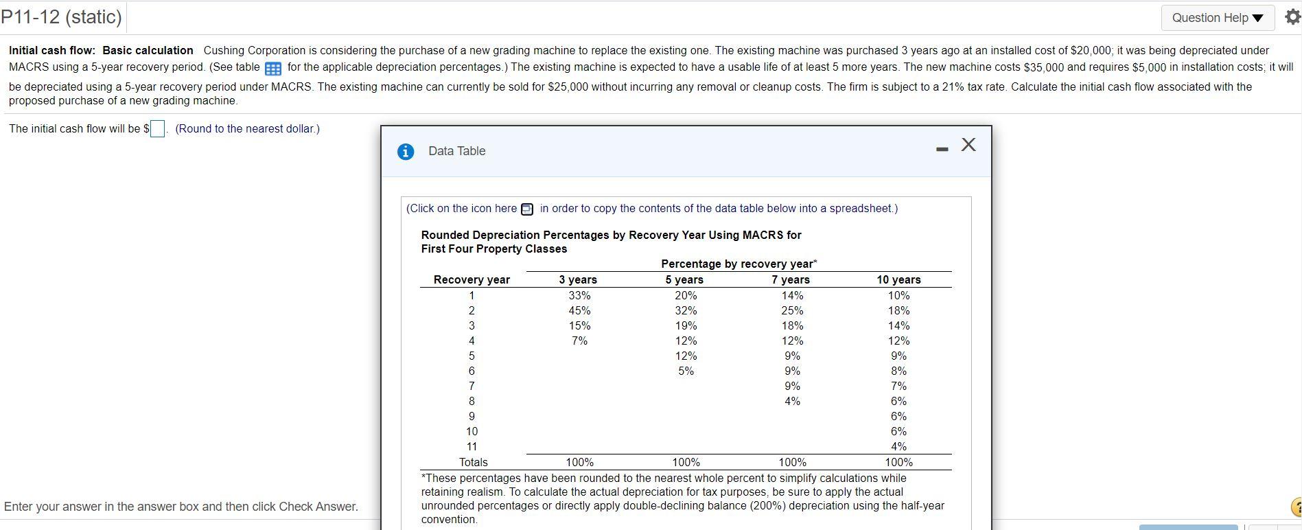  P11-12 (static) Question Help Initial cash flow: Basic calculation Cushing Corporation